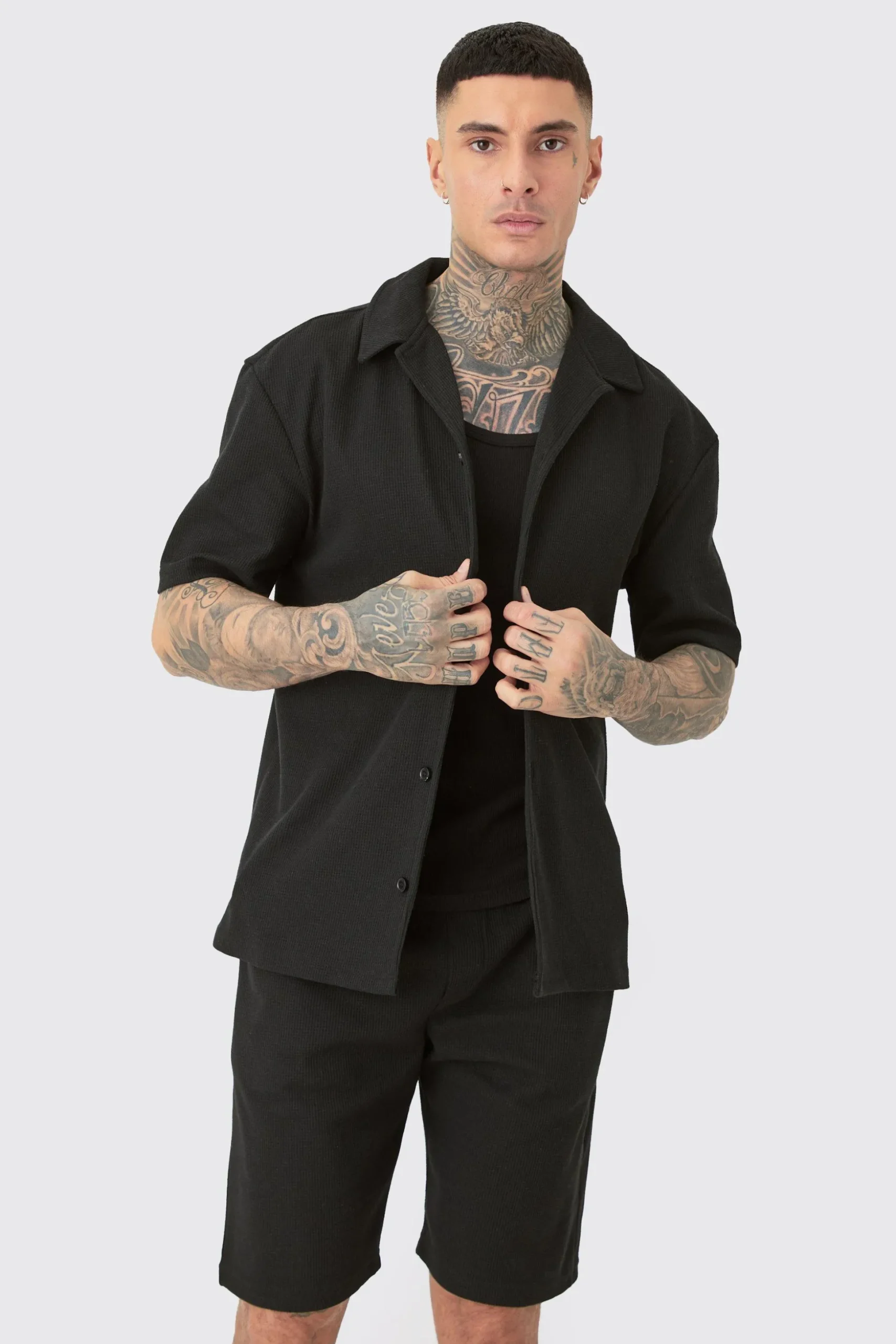 Tall Short Sleeve Drop Revere Shirt & Short Set In Black | BoohooMAN UK