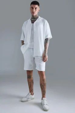 Tall Short Sleeve Drop Revere Linen Shirt & Short Set In White | BoohooMAN UK