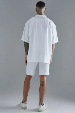 Tall Short Sleeve Drop Revere Linen Shirt & Short Set In White | BoohooMAN UK