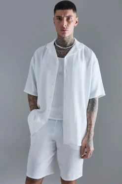 Tall Short Sleeve Drop Revere Linen Shirt & Short Set In White | BoohooMAN UK