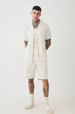 Tall Short Sleeve Linen Cargo Shirt & Short Set In Natural | BoohooMAN UK