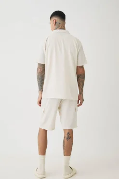 Tall Short Sleeve Linen Cargo Shirt & Short Set In Natural | BoohooMAN UK