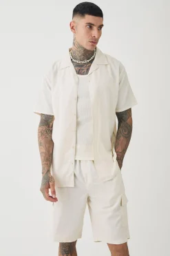 Tall Short Sleeve Linen Cargo Shirt & Short Set In Natural | BoohooMAN UK