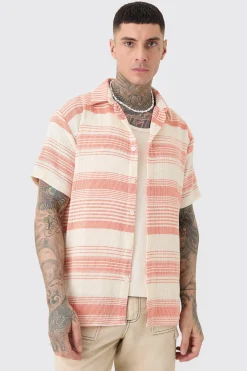 Tall Short Sleeve Oversized Textured Stripe Shirt In Stone | BoohooMAN UK