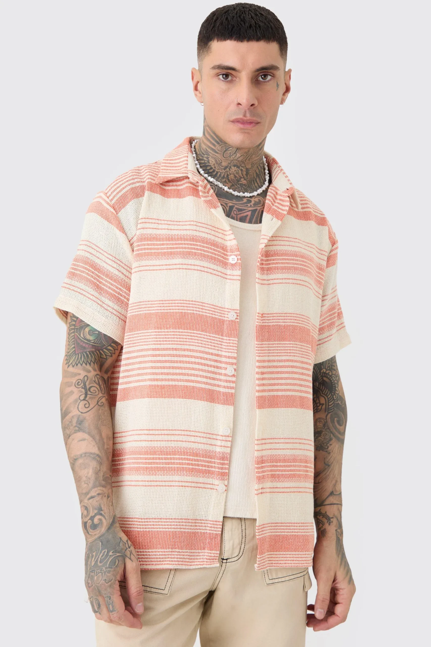 Tall Short Sleeve Oversized Textured Stripe Shirt In Stone | BoohooMAN UK