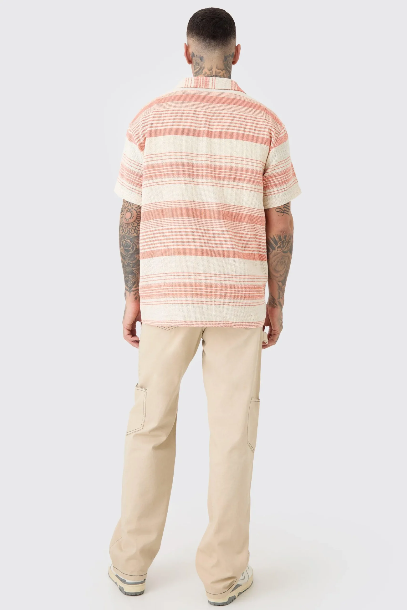 Tall Short Sleeve Oversized Textured Stripe Shirt In Stone | BoohooMAN UK