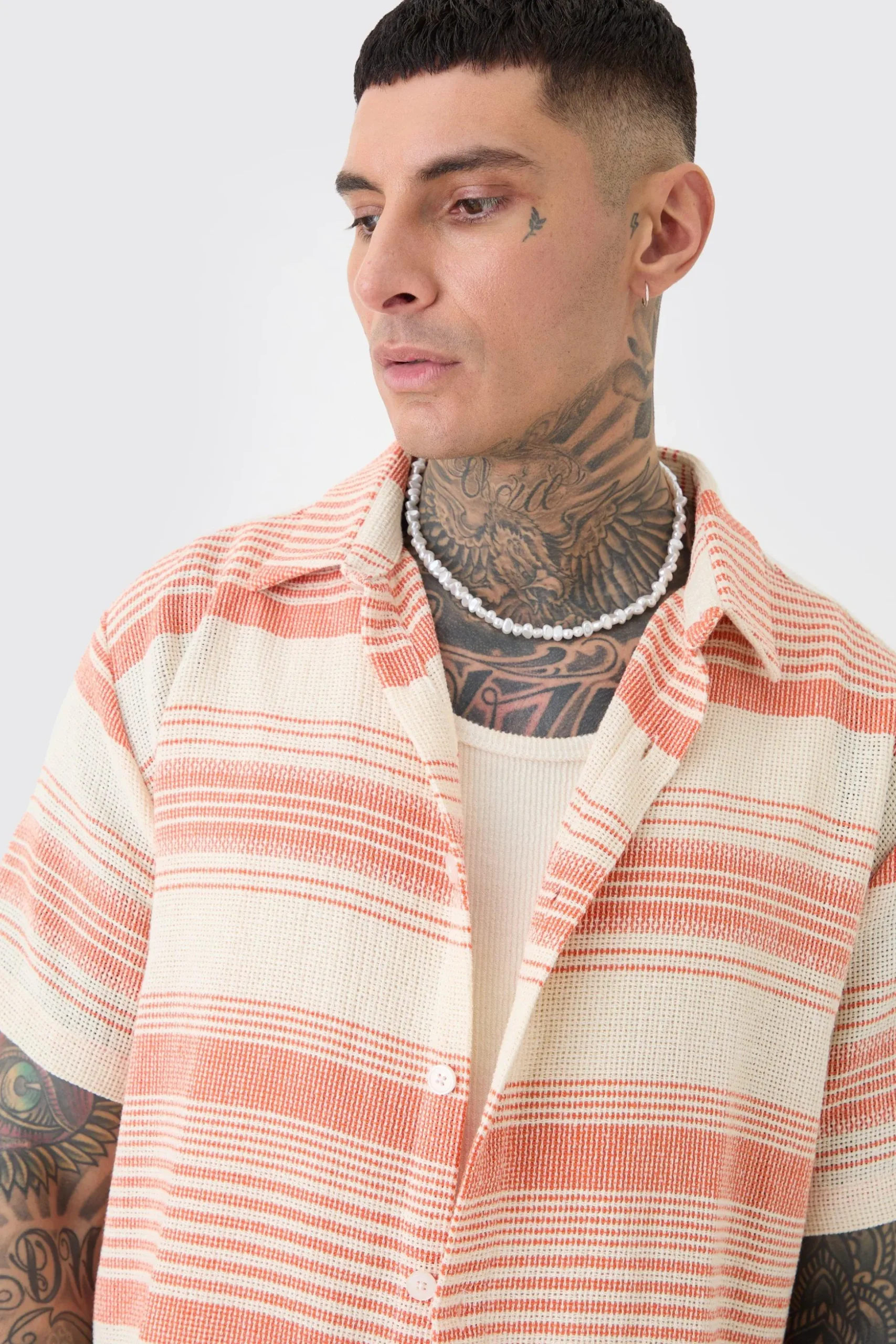 Tall Short Sleeve Oversized Textured Stripe Shirt In Stone | BoohooMAN UK