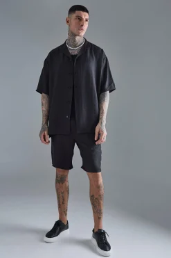 Tall Short Sleeve Oversized Linen Shirt & Short Set In Black | BoohooMAN UK