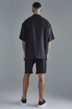 Tall Short Sleeve Oversized Linen Shirt & Short Set In Black | BoohooMAN UK