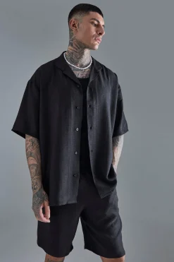 Tall Short Sleeve Oversized Linen Shirt & Short Set In Black | BoohooMAN UK
