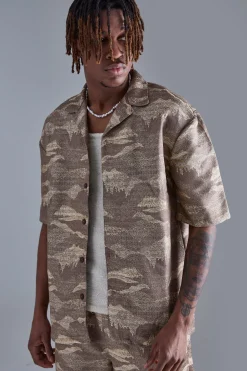 Tall Short Sleeve Textured Drop Revere Shirt In Stone | BoohooMAN UK