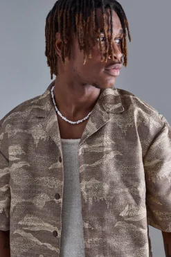 Tall Short Sleeve Textured Drop Revere Shirt In Stone | BoohooMAN UK