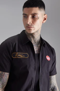 Tall Short Sleeve Twill Zip Moto Shirt | BoohooMAN UK