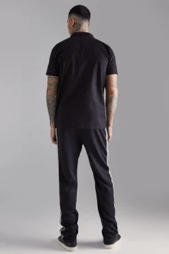 Tall Short Sleeve Twill Zip Moto Shirt | BoohooMAN UK