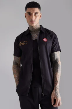 Tall Short Sleeve Twill Zip Moto Shirt | BoohooMAN UK