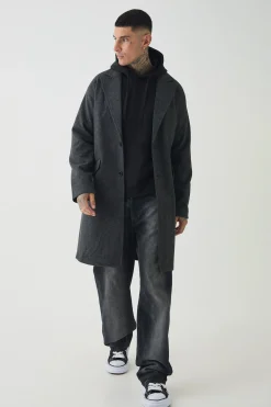 Tall Single Breasted Overcoat In Grey | BoohooMAN UK