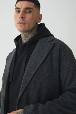 Tall Single Breasted Overcoat In Grey | BoohooMAN UK