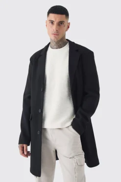 Tall Single Breasted Wool Look Overcoat In Black | BoohooMAN UK