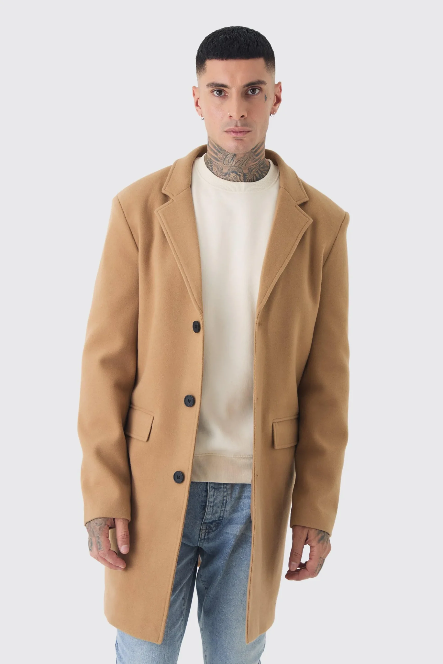 Tall Single Breasted Wool Look Overcoat In Camel | BoohooMAN UK