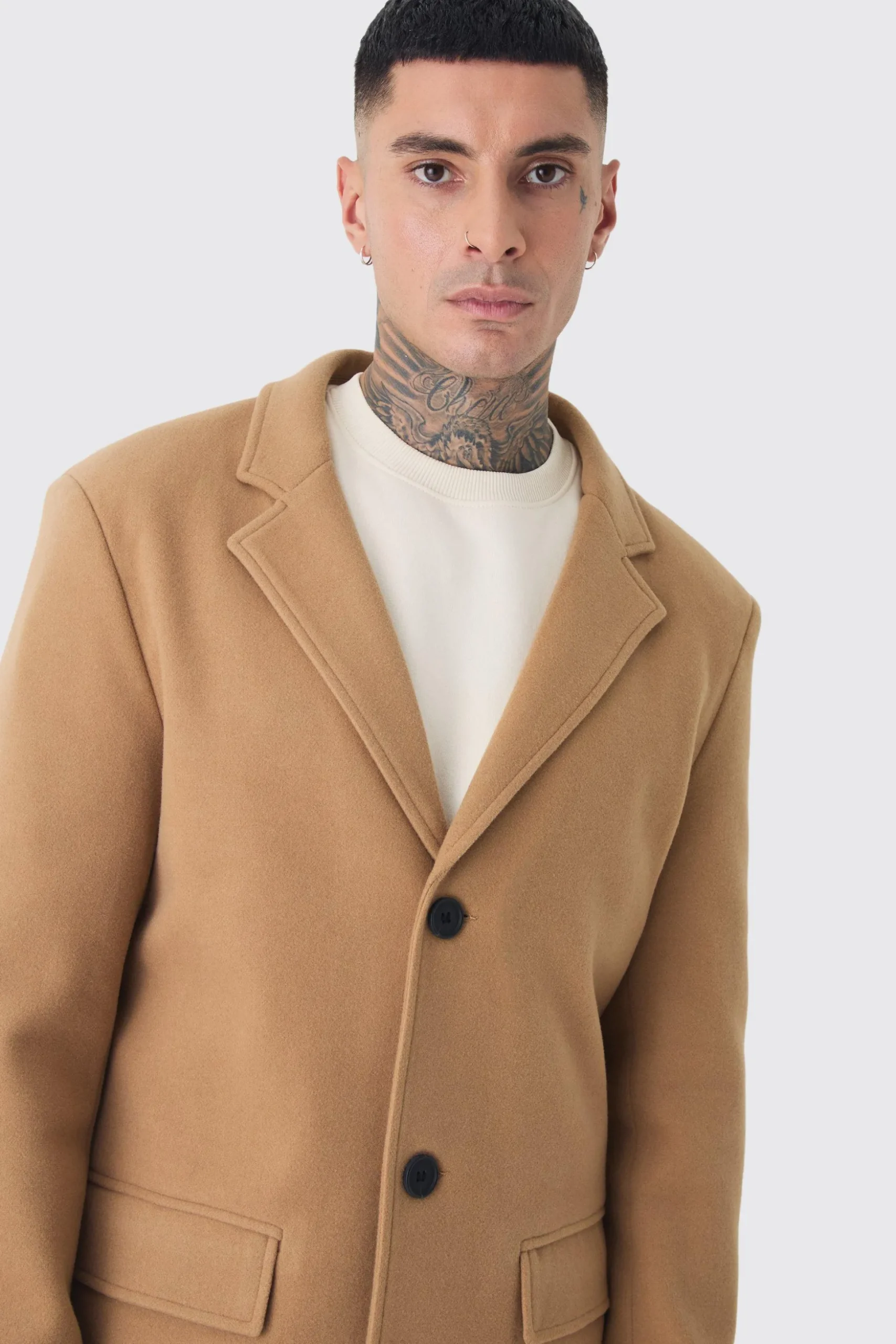Tall Single Breasted Wool Look Overcoat In Camel | BoohooMAN UK
