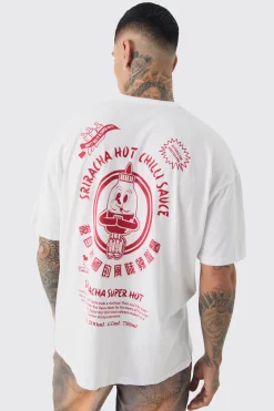Tall Siracha Hot Chilli License Back Print T-shirt In White | BoohooMAN UK