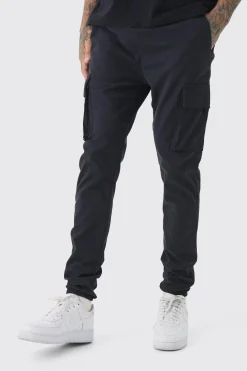 Tall Skinny Fit Elasticated Waist Cuffed Cargo Trousers | BoohooMAN UK