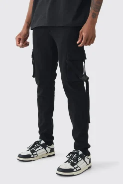 Tall Skinny Overdyed Strap Detail Cargo Trouser In Black | BoohooMAN UK