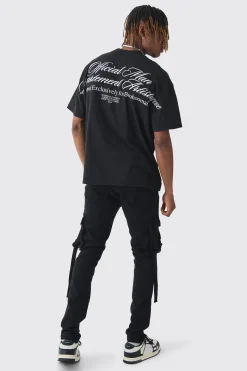 Tall Skinny Overdyed Strap Detail Cargo Trouser In Black | BoohooMAN UK