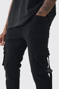 Tall Skinny Overdyed Strap Detail Cargo Trouser In Black | BoohooMAN UK