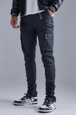Tall Skinny Stacked Coated Twill Cargo Trouser | BoohooMAN UK