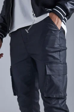 Tall Skinny Stacked Coated Twill Cargo Trouser | BoohooMAN UK