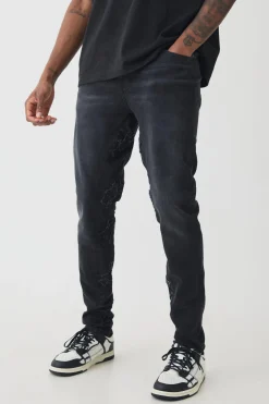 Tall Skinny Stretch Applique Gusset Jeans | BoohooMAN UK