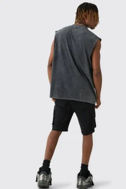 Tall Skinny Stretch Cargo Denim Shorts In Black | BoohooMAN UK