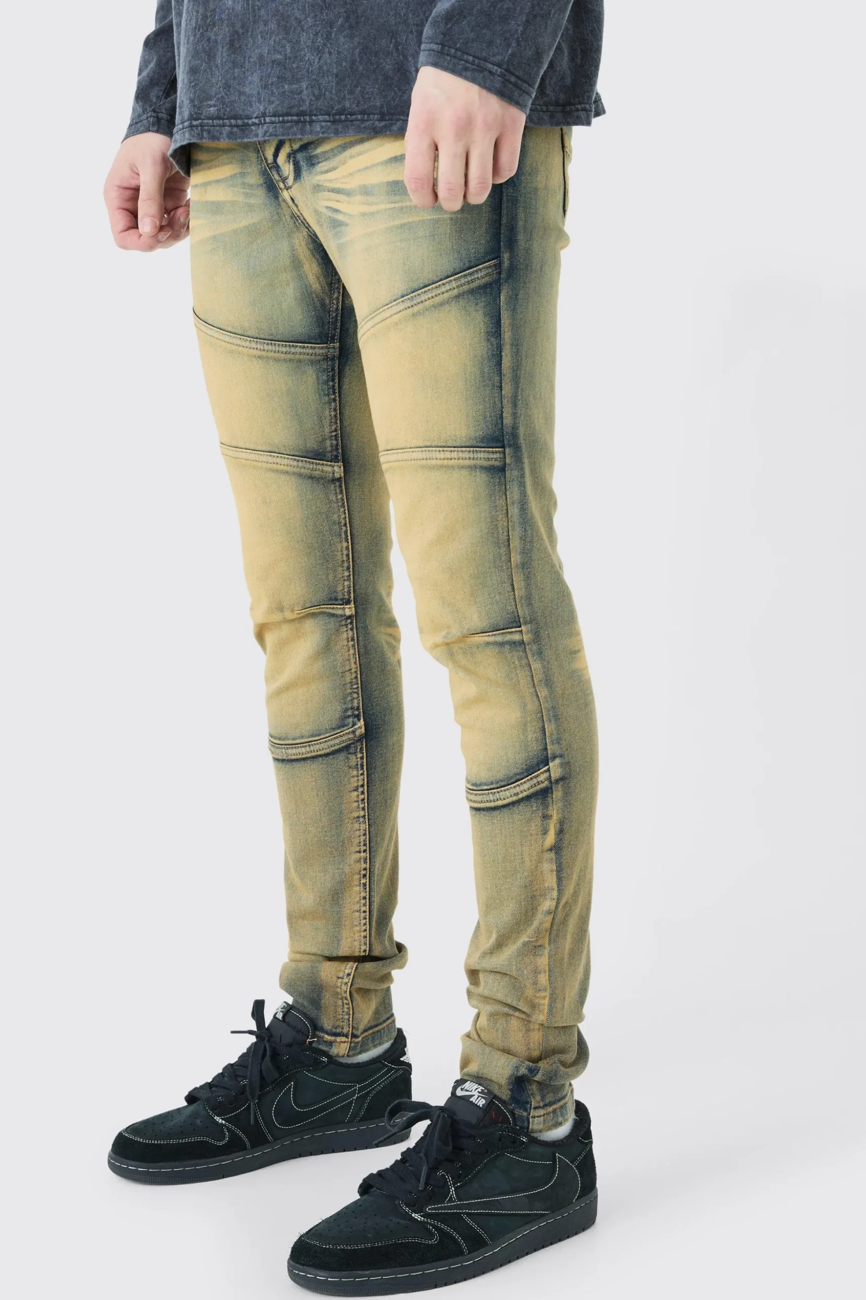 Tall Skinny Stretch Tinted Panelled Jeans | BoohooMAN UK