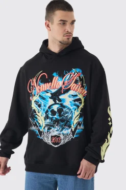Tall Skull Flame Print Oversized Hoodie In Black | BoohooMAN UK