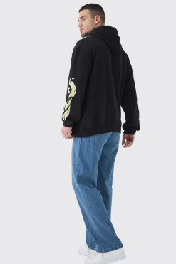 Tall Skull Flame Print Oversized Hoodie In Black | BoohooMAN UK
