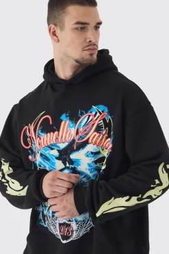 Tall Skull Flame Print Oversized Hoodie In Black | BoohooMAN UK