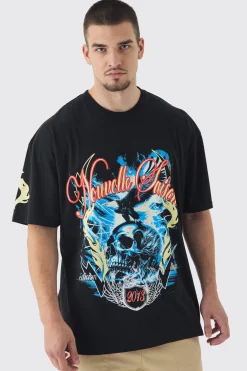 Tall Skull Flame Print Oversized T-shirt In Black | BoohooMAN UK
