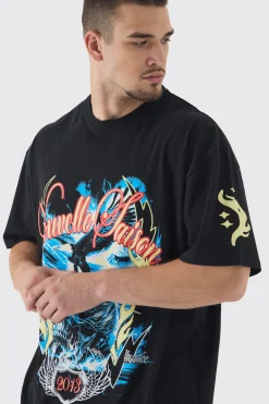 Tall Skull Flame Print Oversized T-shirt In Black | BoohooMAN UK