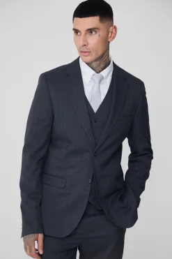 Tall Slim Fit Charcoal Check Suit In Charcoal | BoohooMAN UK