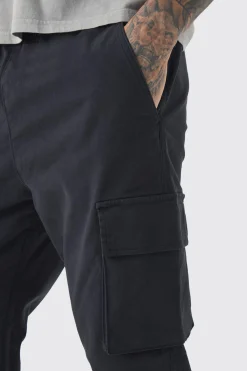 Tall Slim Fit Elasticated Waist Cuffed Cargo Trousers | BoohooMAN UK