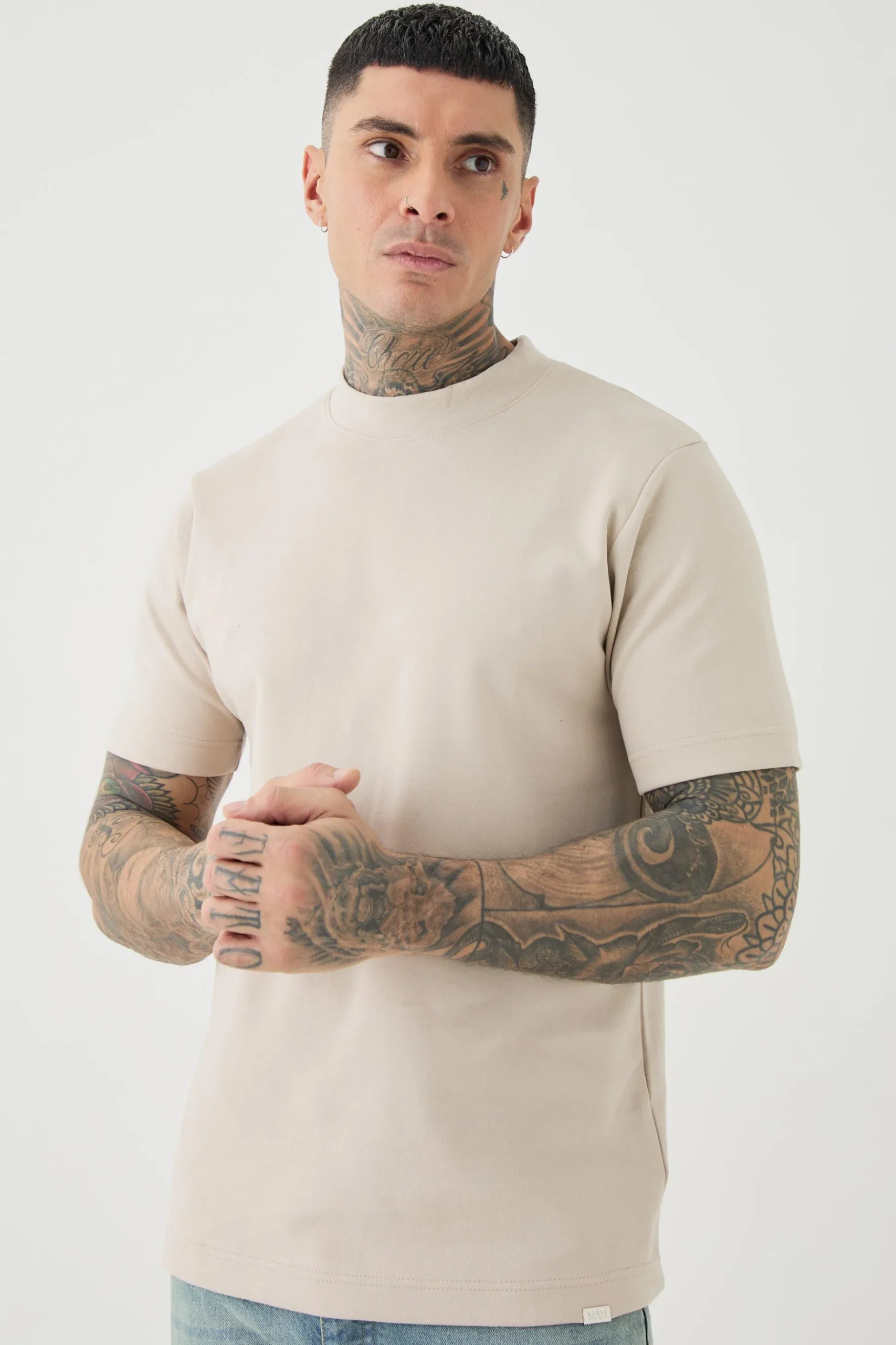 Tall Slim Fit Extended Neck Heavy Interlock T-shirt | BoohooMAN UK