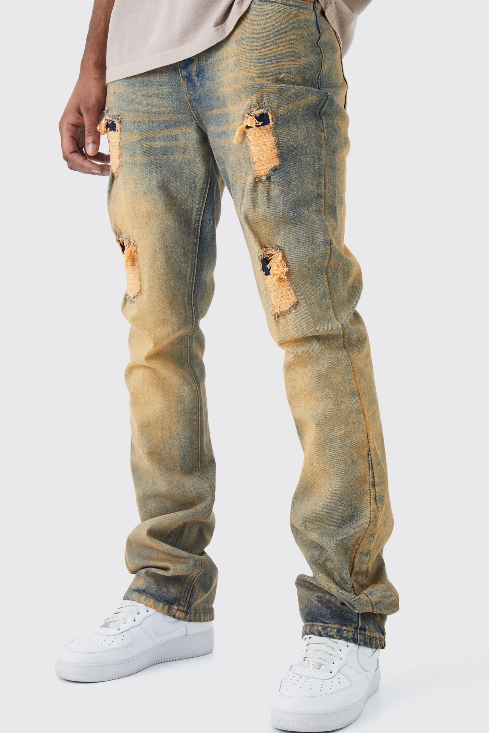Tall Slim Flare Stretch Multi Rip & Repair Jean | BoohooMAN UK