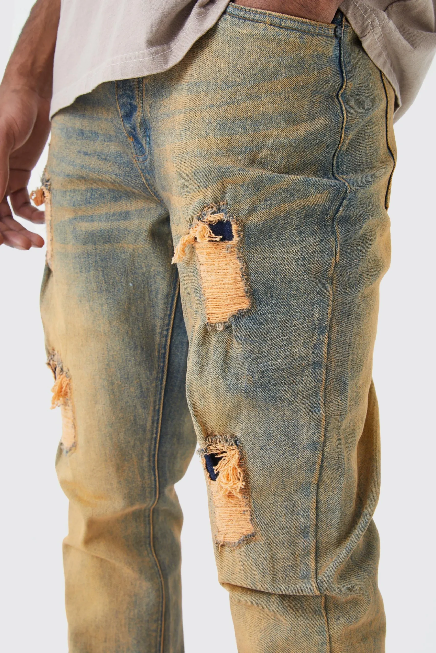 Tall Slim Flare Stretch Multi Rip & Repair Jean | BoohooMAN UK