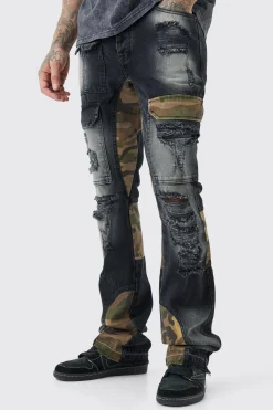 Tall Slim Rigid Flare Camo Repair Cargo Jeans | BoohooMAN UK
