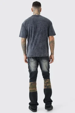Tall Slim Rigid Flare Camo Repair Cargo Jeans | BoohooMAN UK
