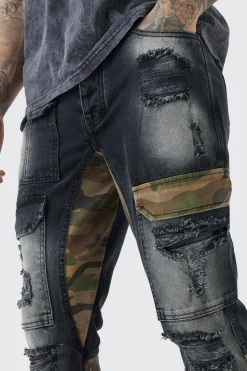 Tall Slim Rigid Flare Camo Repair Cargo Jeans | BoohooMAN UK