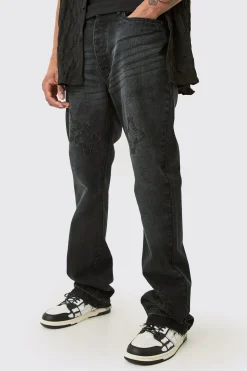 Tall Slim Rigid Flare Cross Applique Jean | BoohooMAN UK