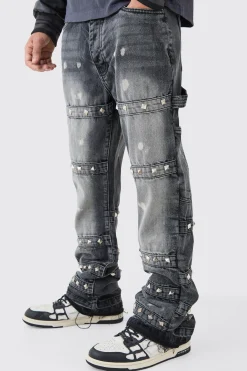Tall Slim Rigid Flare Embellished Strap Detail Jeans | BoohooMAN UK