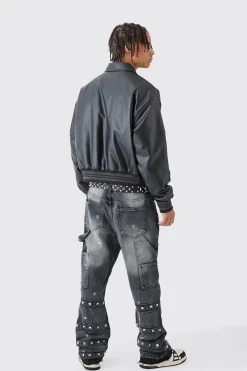 Tall Slim Rigid Flare Embellished Strap Detail Jeans | BoohooMAN UK